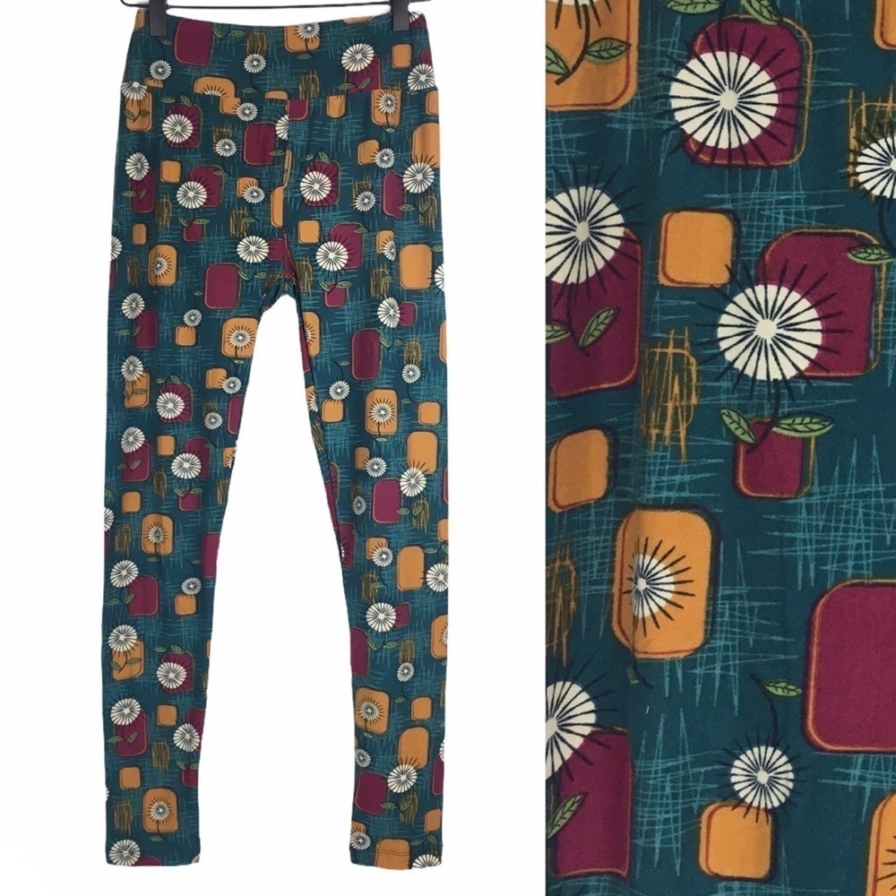 LULAROE Leggings OS One Size Retro Dandelion Floral Mod Mid Century Vibes Style